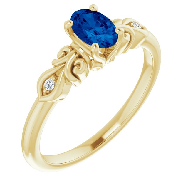 14K Yellow Lab-Grown Blue Sapphire & .02 CTW Natural Diamond Ring   