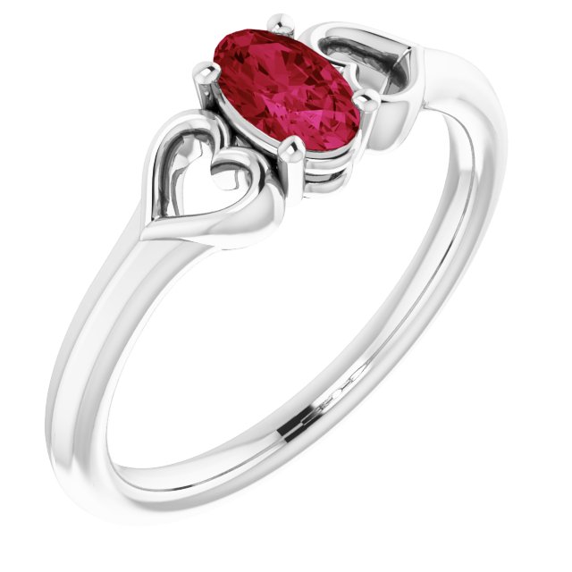 Sterling Silver 5x3 mm Oval Imitation Ruby Youth Heart Ring