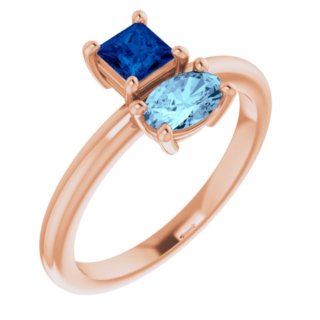 14K Rose Natural Blue Sapphire & Natural Aquamarine Ring  