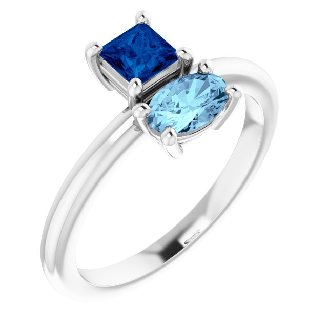 Sterling Silver Natural Blue Sapphire & Natural Aquamarine Ring  
