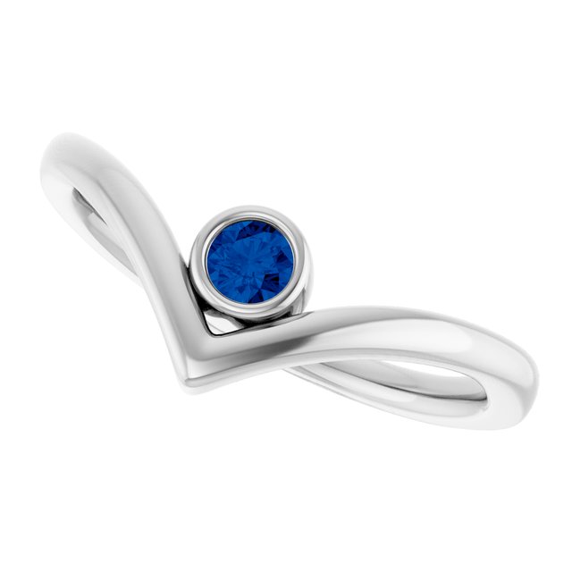 14K White Natural Blue Sapphire Bezel-Set V Ring