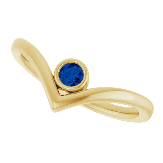14K Yellow Lab-Grown Blue Sapphire Solitaire Bezel-Set V Ring         