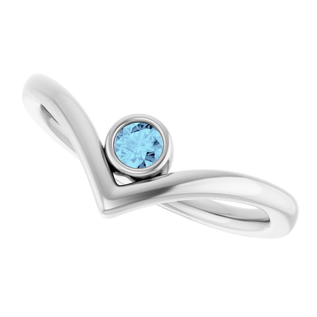 14K White Aquamarine Solitaire Bezel-Set V Ring       