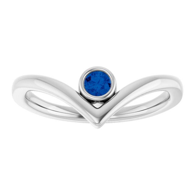 14K White Lab-Grown Blue Sapphire Solitaire Bezel-Set V Ring         
