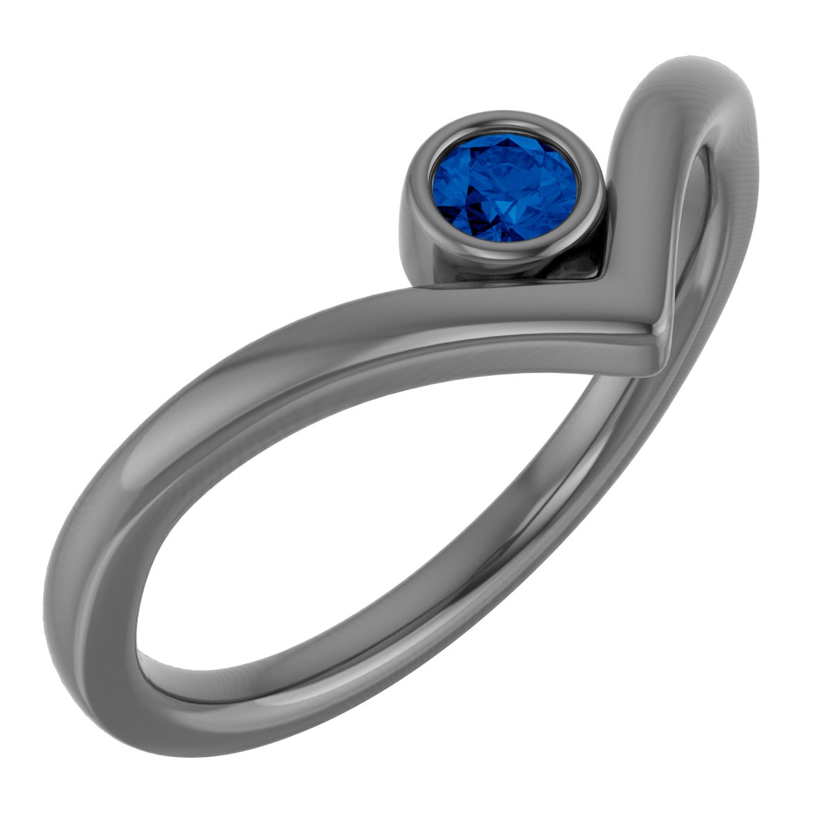 14K White Blue Sapphire Solitaire Bezel-Set "V" Ring