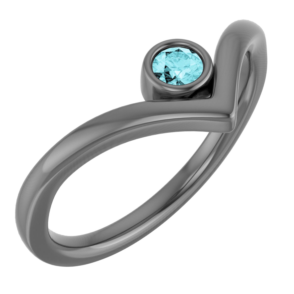 14K White Blue Zircon Solitaire Bezel-Set "V" Ring                