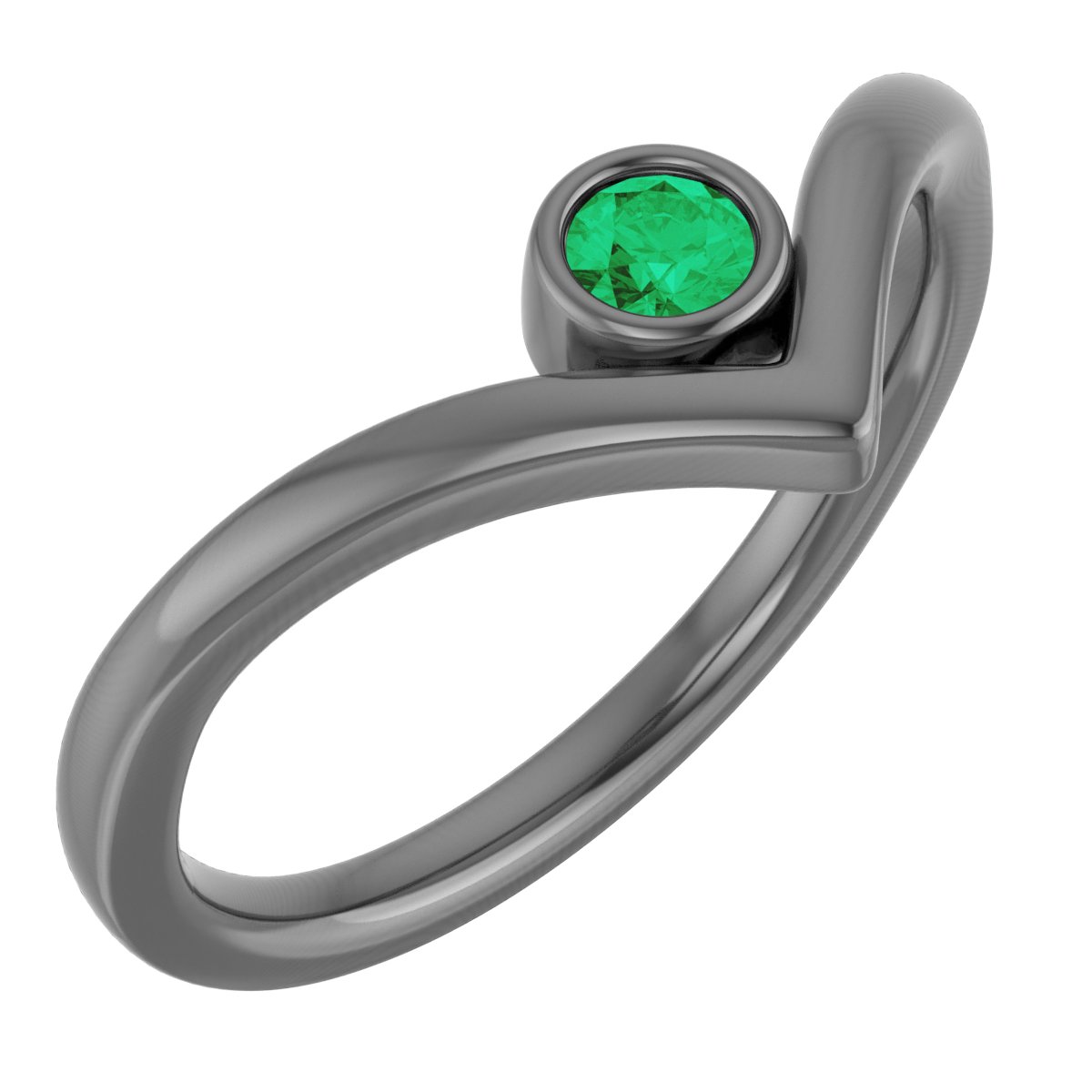 14K Yellow Lab-Grown Emerald Solitaire Bezel-Set "V" Ring            