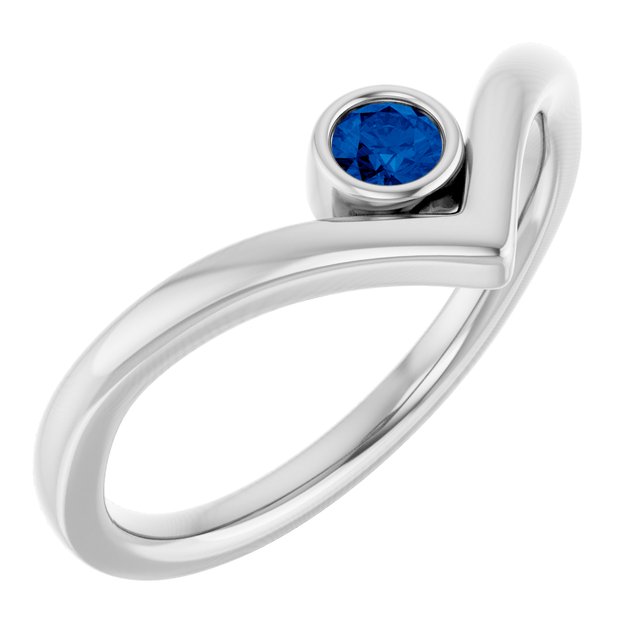 14K White Blue Sapphire Solitaire Bezel-Set V Ring               