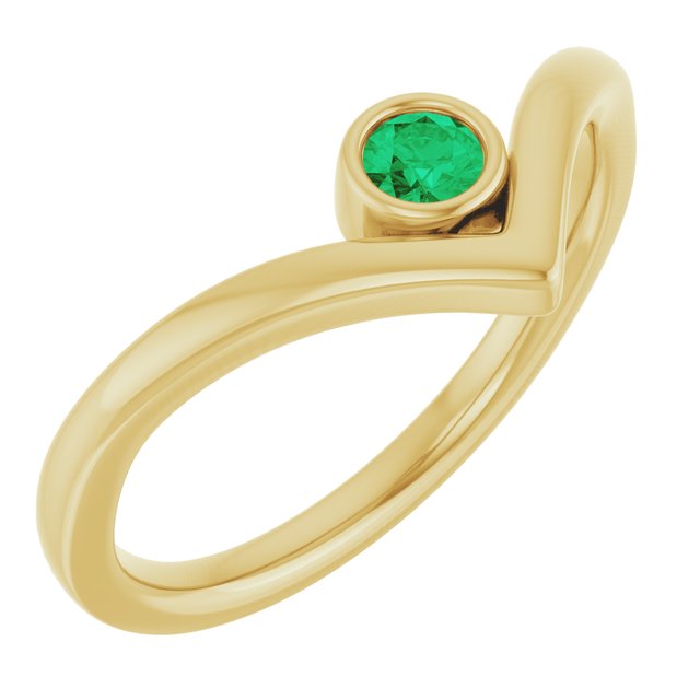 14K Yellow Lab-Grown Emerald Bezel-Set V Ring