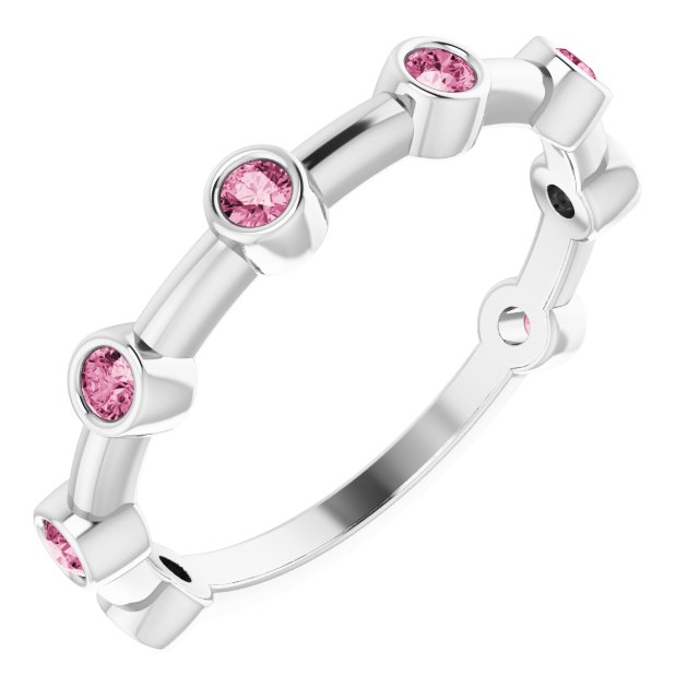 14K White Natural Pink Tourmaline Bezel-Set Bar Ring