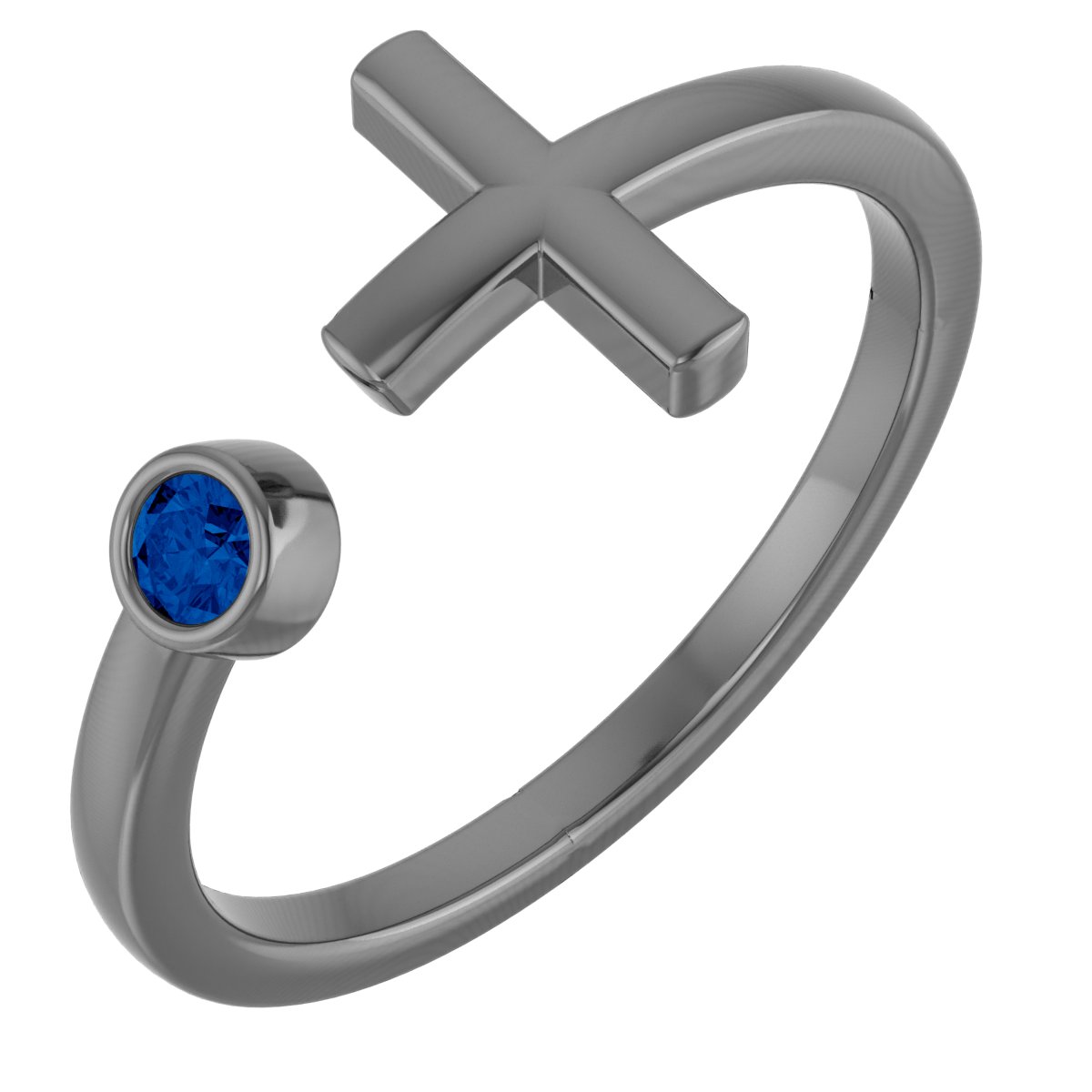 14K White Natural Blue Sapphire Negative Space Cross Ring