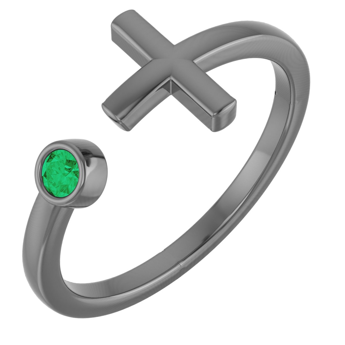 14K White Chatham® Created Emerald Negative Space Cross Ring       