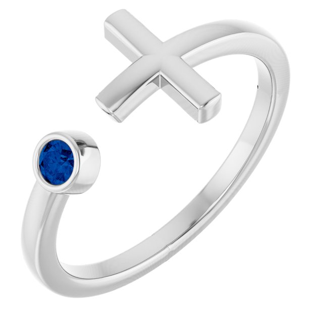 14K White Blue Sapphire Negative Space Cross Ring 