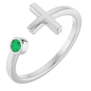 14K White Chatham® Created Emerald Negative Space Cross Ring       