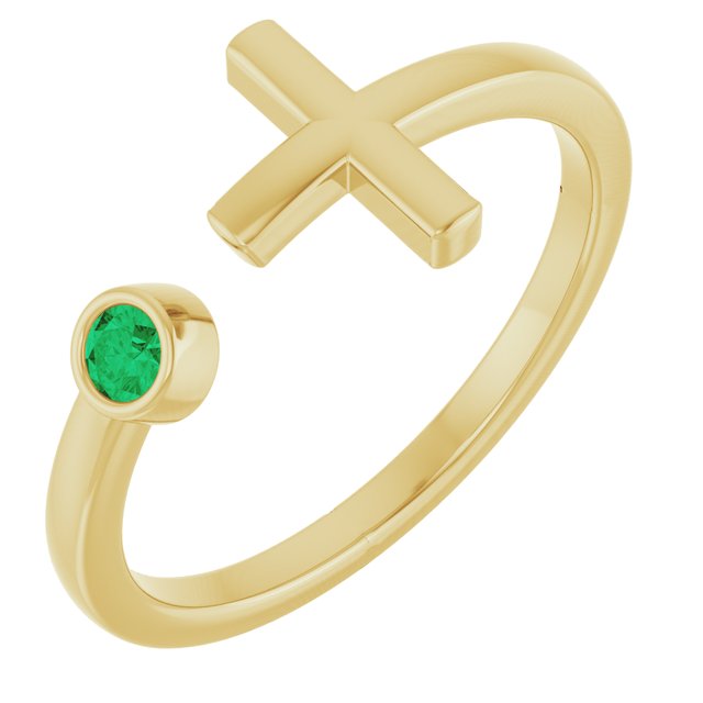 14K Yellow Natural Emerald Negative Space Cross Ring