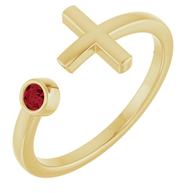 14K Yellow Lab-Grown Ruby Negative Space Cross Ring