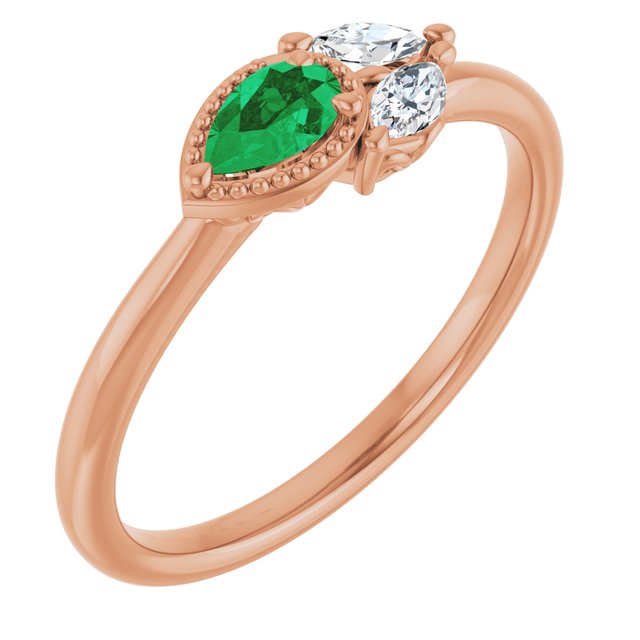 14K Rose Natural Emerald & 1/8 CTW Natural Diamond Ring