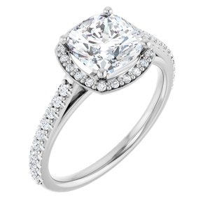 14K White 7 mm Cushion Forever One™ Moissanite & 1/4 CTW Diamond Engagement Ring