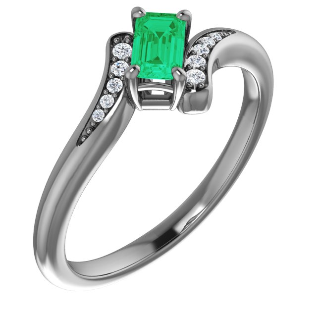 14K White Lab-Grown Emerald & .04 CTW Diamond Ring 