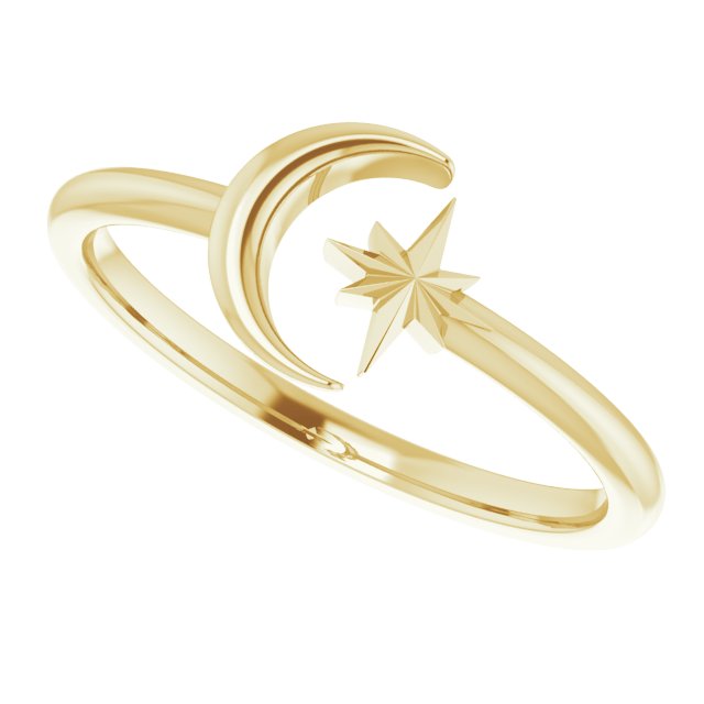 14K Yellow Crescent Moon & Star Negative Space Ring  