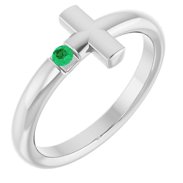 14K White Natural Emerald Sideways Cross Ring