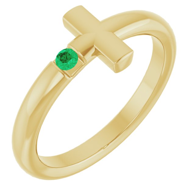 14K Yellow Natural Emerald Sideways Cross Ring
