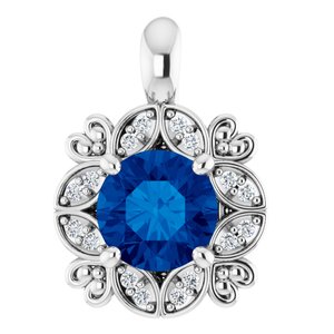 14K White Natural Blue Sapphire & .04 CTW Natural Diamond Pendant