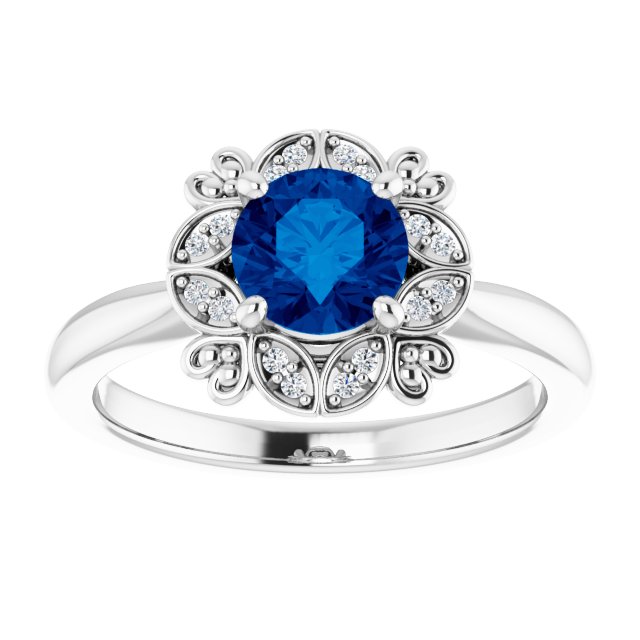 14K White Lab-Grown Blue Sapphire & .04 CTW Natural Diamond Ring 