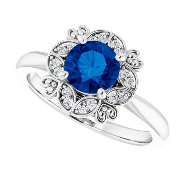 14K White Lab-Grown Blue Sapphire & .04 CTW Natural Diamond Ring 