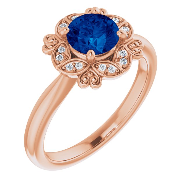 14K Rose Lab-Grown Blue Sapphire & .04 CTW Natural Diamond Ring 