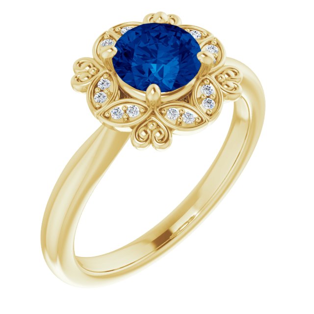 14K Yellow Lab-Grown Blue Sapphire & .04 CTW Natural Diamond Ring 