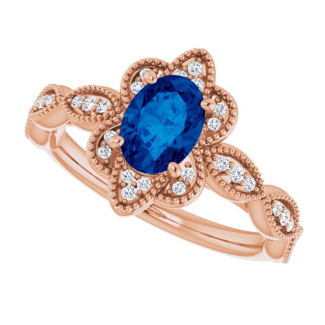 14K Rose Lab-Grown Blue Sapphire & 1/8 CTW Natural Diamond Ring  
