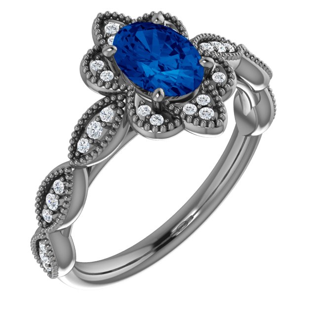 14K White Lab-Grown Blue Sapphire & 1/8 CTW Diamond Ring  