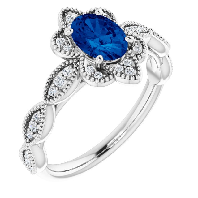 Platinum Lab-Grown Blue Sapphire & 1/8 CTW Natural Diamond Ring  