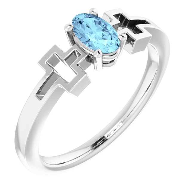Sterling Silver Natural Aquamarine Youth Cross Ring