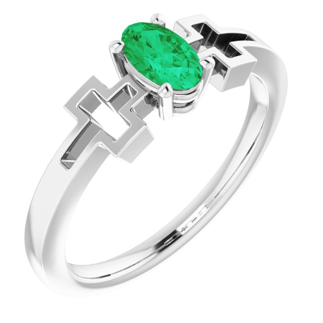 Sterling Silver Natural Emerald Youth Cross Ring