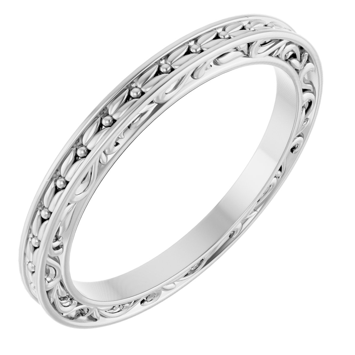 14K White 2 mm Sculptural-Inspired Leaf Band   Size 7