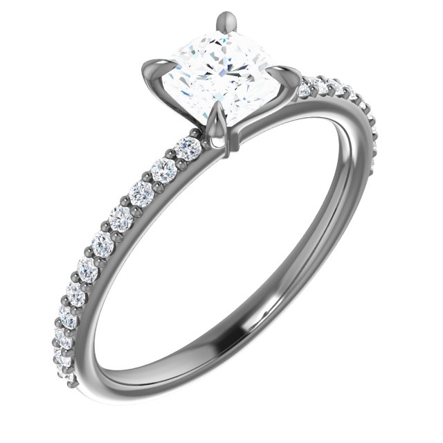 14K White 5 mm Cushion Forever One™ Moissanite & 1/5 CTW Diamond Engagement Ring