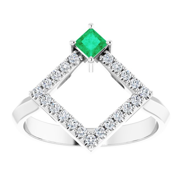 14K White Natural Emerald & 1/5 CTW Natural Diamond Geometric Ring