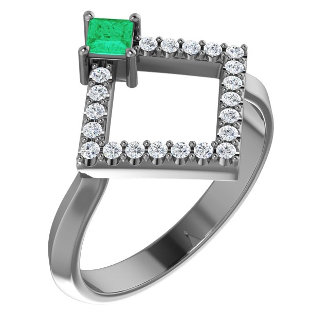 14K White Lab-Grown Emerald & 1/5 CTW Diamond Geometric Ring           