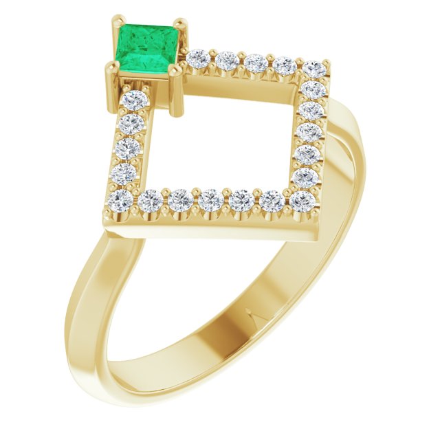 14K Yellow Natural Emerald & 1/5 CTW Natural Diamond Geometric Ring