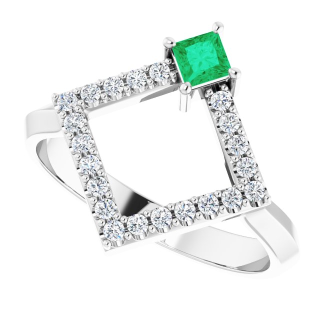 14K White Natural Emerald & 1/5 CTW Natural Diamond Geometric Ring