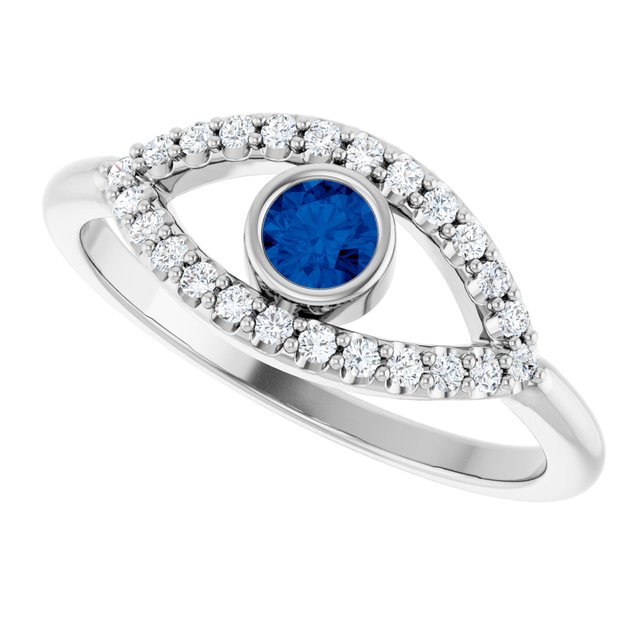 14K White Natural Blue Sapphire & Natural White Sapphire Evil Eye Ring