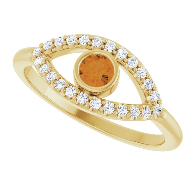 14K Yellow Natural Citrine & Natural White Sapphire Evil Eye Ring