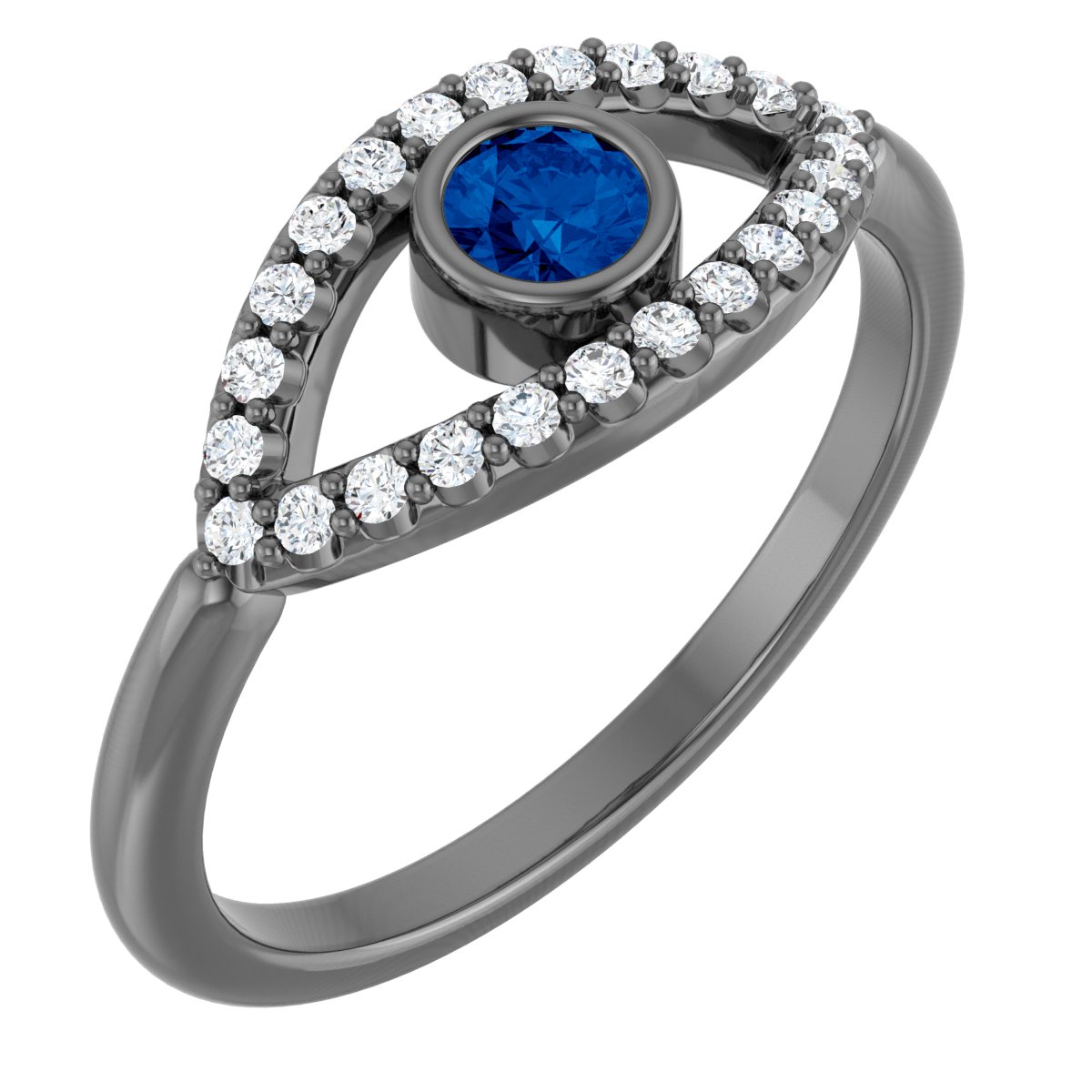 14K White Chatham® Created Blue Sapphire & White Sapphire Evil Eye Ring 