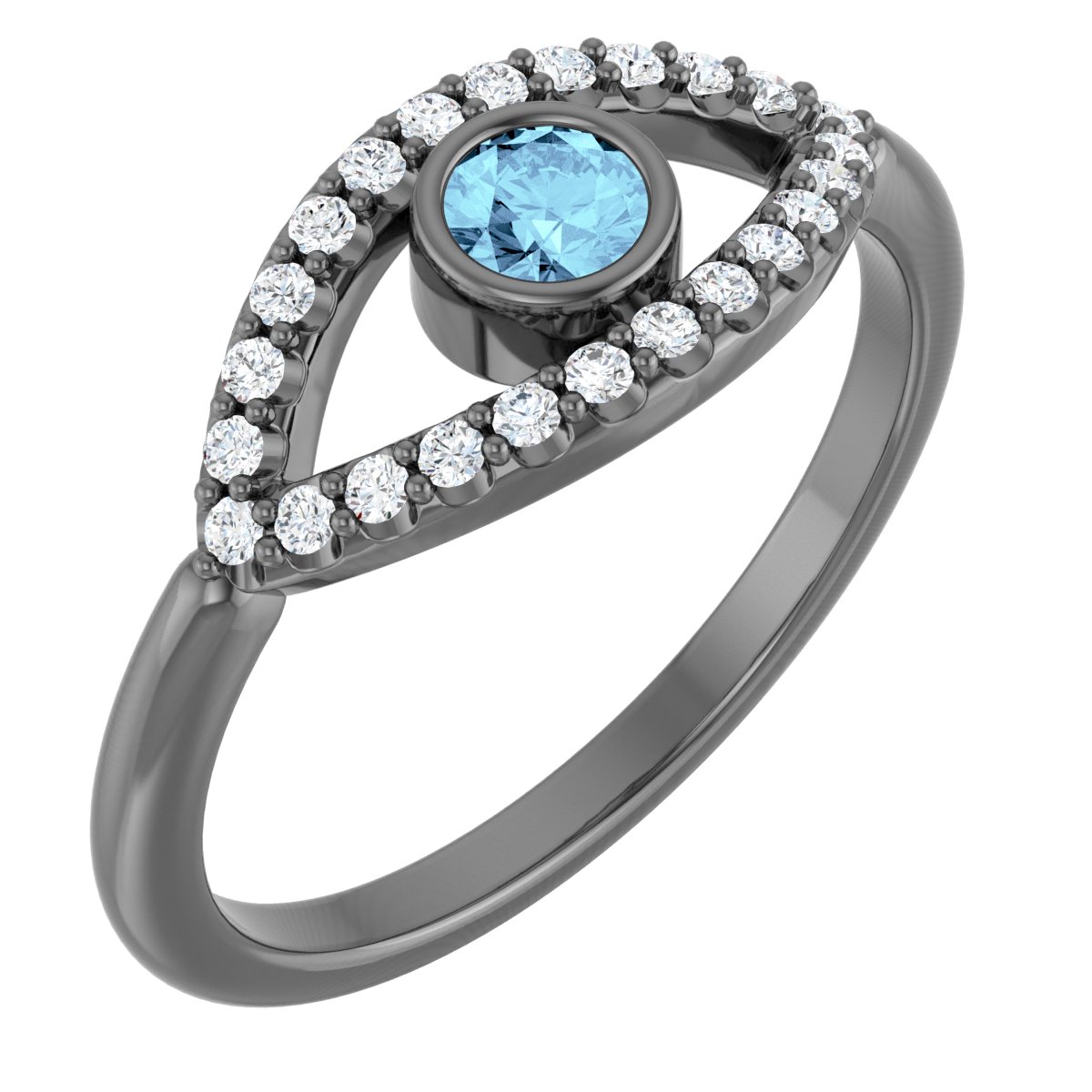 14K White Natural Aquamarine & Natural White Sapphire Evil Eye Ring