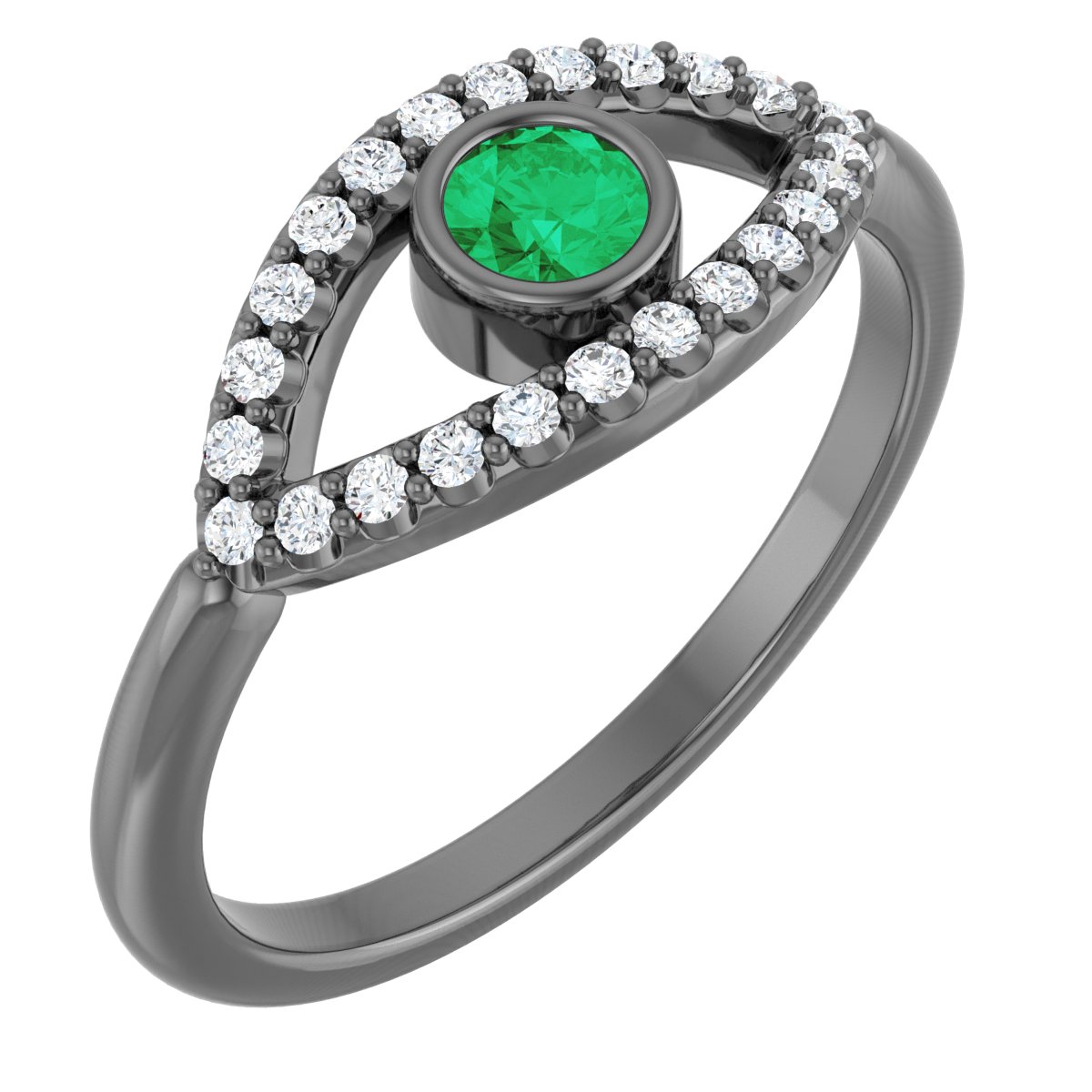 14K White Natural Emerald & Natural White Sapphire Evil Eye Ring