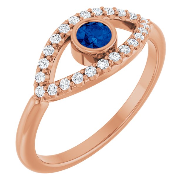 14K Rose Natural Blue Sapphire & Natural White Sapphire Evil Eye Ring   
