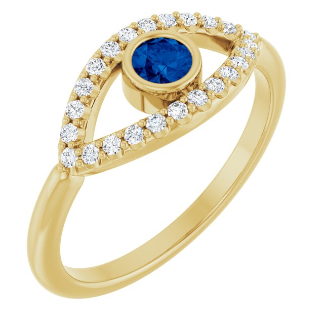 14K Yellow Lab-Grown Blue Sapphire & Natural White Sapphire Evil Eye Ring