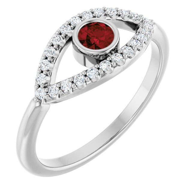 Sterling Silver Natural Mozambique Garnet & Natural White Sapphire Evil Eye Ring